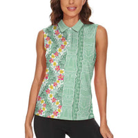 Menthol Green Aloha Hawaii Tiki Women Sleeveless Polo Shirt Tropical Plumeria - Seamless Style LT14 - Polynesian Pride