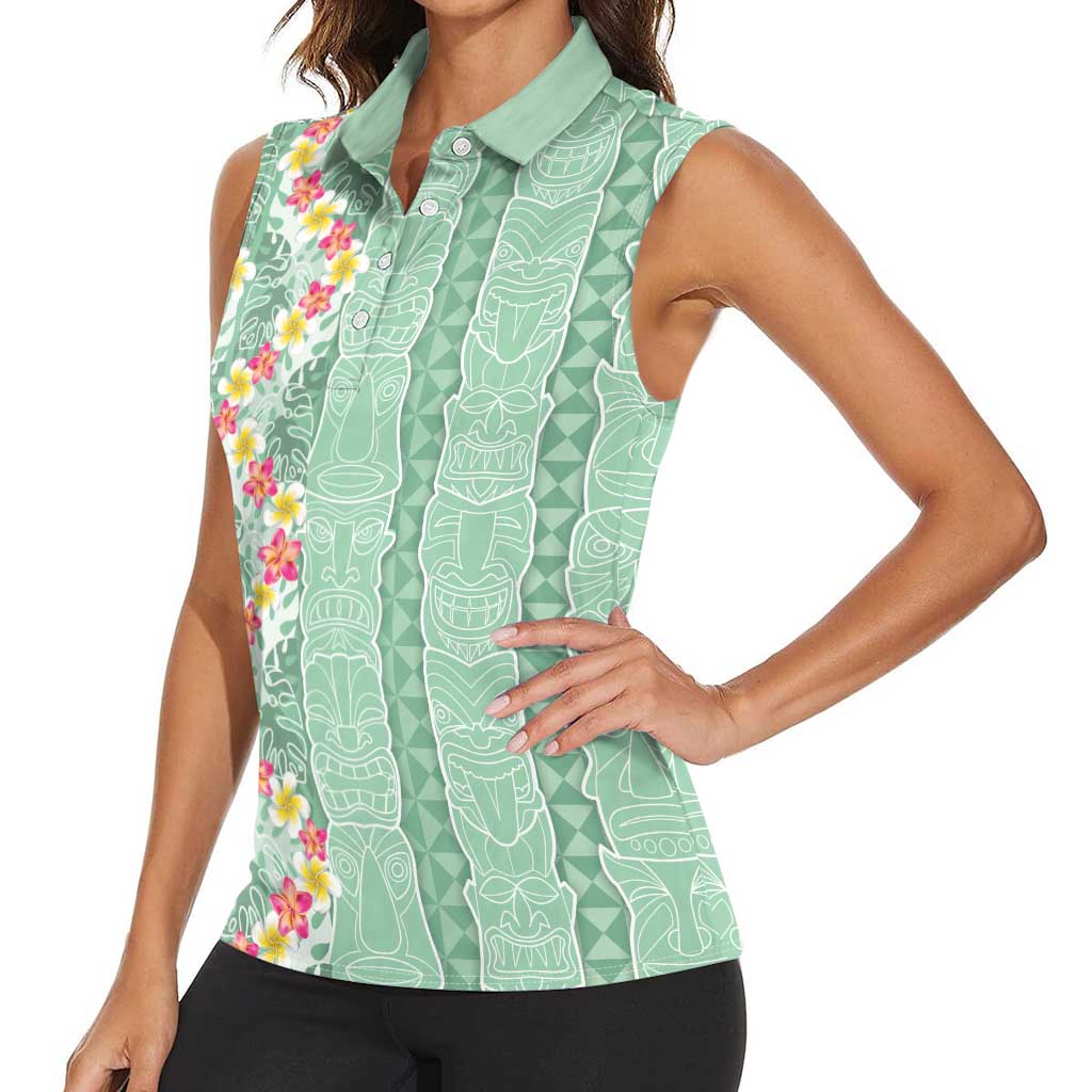 Menthol Green Aloha Hawaii Tiki Women Sleeveless Polo Shirt Tropical Plumeria - Seamless Style LT14 - Polynesian Pride