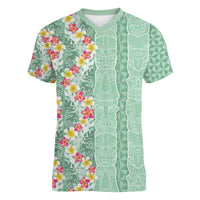Menthol Green Aloha Hawaii Tiki Women V-Neck T-Shirt Tropical Plumeria - Seamless Style LT14 Female Green - Polynesian Pride
