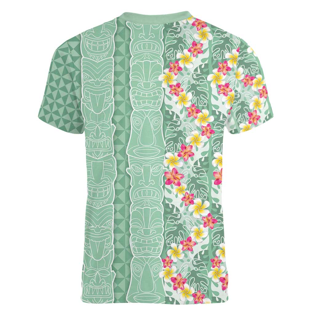 Menthol Green Aloha Hawaii Tiki Women V-Neck T-Shirt Tropical Plumeria - Seamless Style LT14 - Polynesian Pride