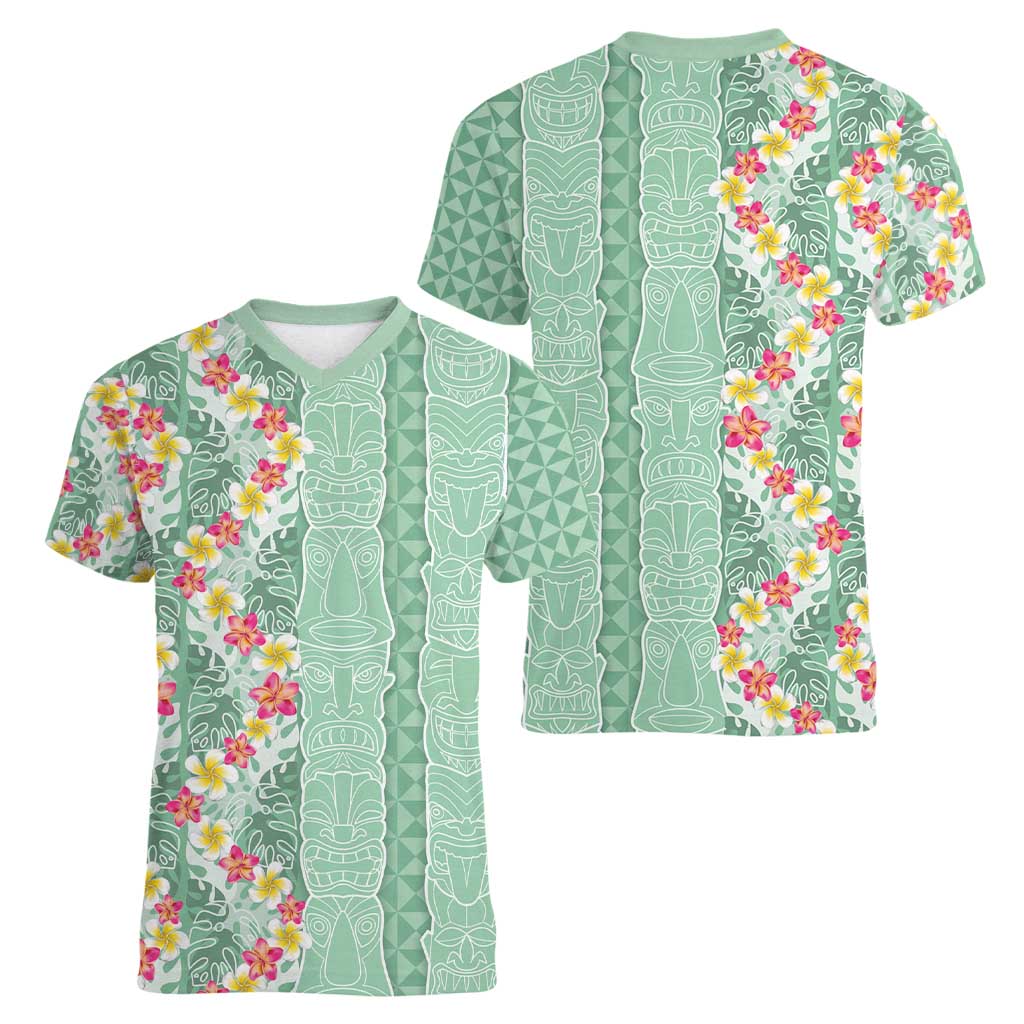 Menthol Green Aloha Hawaii Tiki Women V-Neck T-Shirt Tropical Plumeria - Seamless Style LT14 - Polynesian Pride