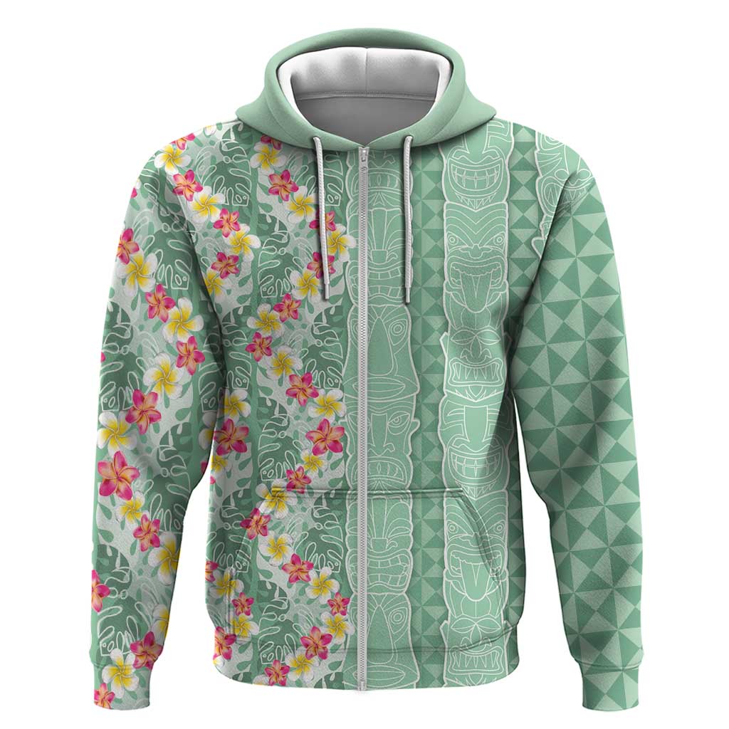 Menthol Green Aloha Hawaii Tiki Zip Hoodie Tropical Plumeria - Seamless Style LT14 Zip Hoodie Green - Polynesian Pride