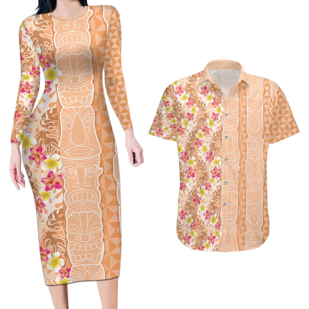 Orange Chiffon Aloha Hawaii Tiki Couples Matching Long Sleeve Bodycon Dress and Hawaiian Shirt Tropical Plumeria - Seamless Style LT14 Orange - Polynesian Pride