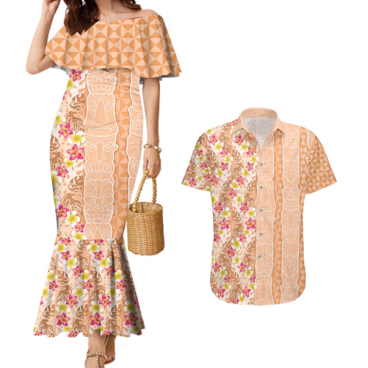 Orange Chiffon Aloha Hawaii Tiki Couples Matching Mermaid Dress and Hawaiian Shirt Tropical Plumeria - Seamless Style LT14 Orange - Polynesian Pride