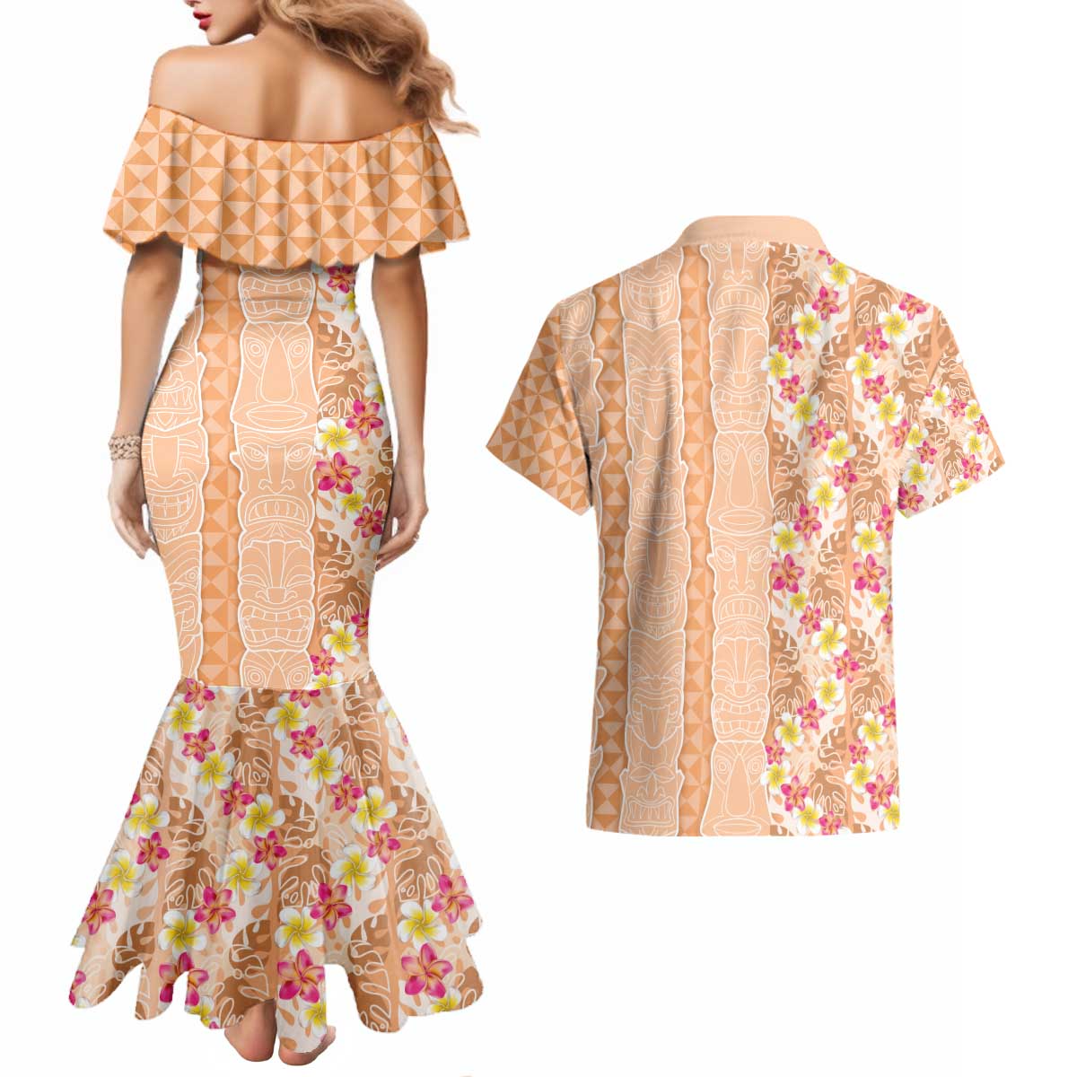 Orange Chiffon Aloha Hawaii Tiki Couples Matching Mermaid Dress and Hawaiian Shirt Tropical Plumeria - Seamless Style LT14 - Polynesian Pride