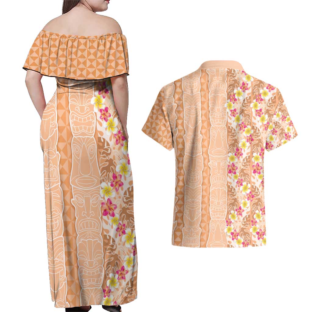 Orange Chiffon Aloha Hawaii Tiki Couples Matching Off Shoulder Maxi Dress and Hawaiian Shirt Tropical Plumeria - Seamless Style LT14 - Polynesian Pride