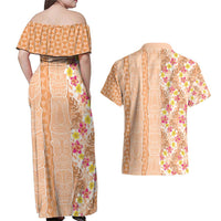 Orange Chiffon Aloha Hawaii Tiki Couples Matching Off Shoulder Maxi Dress and Hawaiian Shirt Tropical Plumeria - Seamless Style LT14 - Polynesian Pride