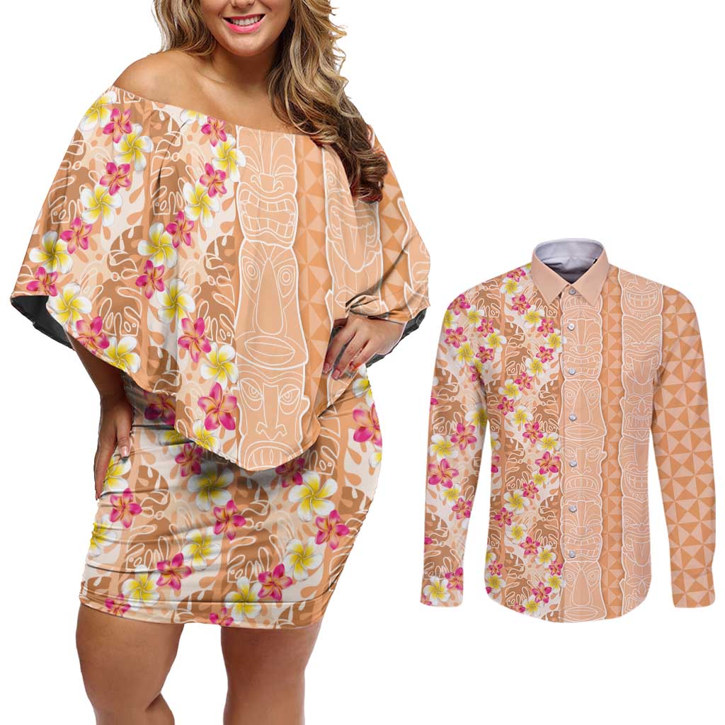 Orange Chiffon Aloha Hawaii Tiki Couples Matching Off Shoulder Short Dress and Long Sleeve Button Shirt Tropical Plumeria - Seamless Style