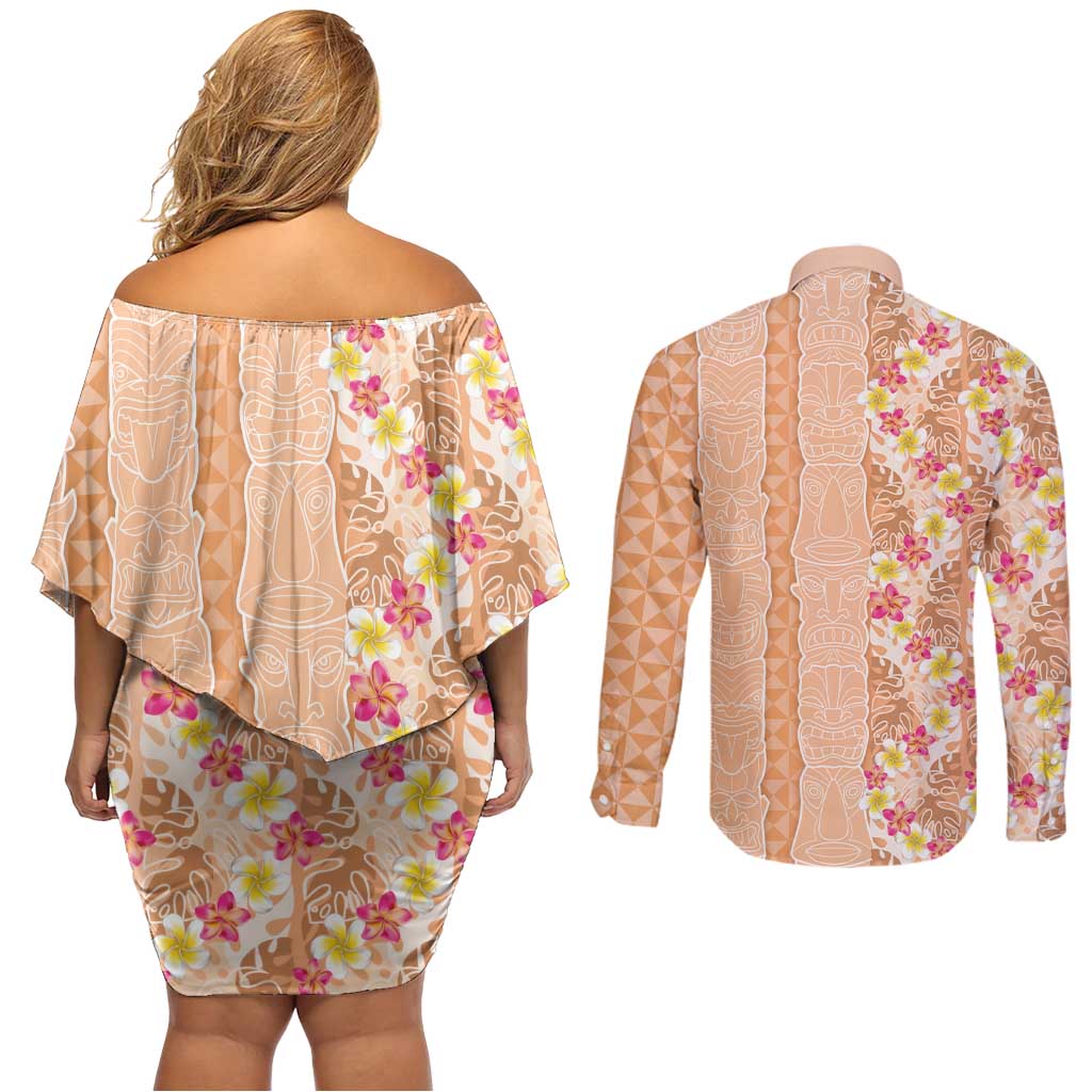 Orange Chiffon Aloha Hawaii Tiki Couples Matching Off Shoulder Short Dress and Long Sleeve Button Shirt Tropical Plumeria - Seamless Style