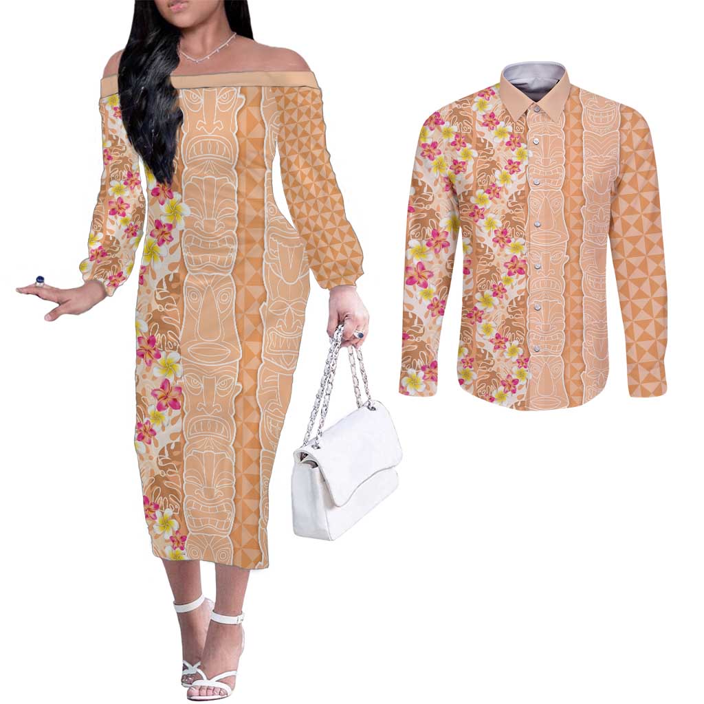 Orange Chiffon Aloha Hawaii Tiki Couples Matching Off The Shoulder Long Sleeve Dress and Long Sleeve Button Shirt Tropical Plumeria - Seamless Style