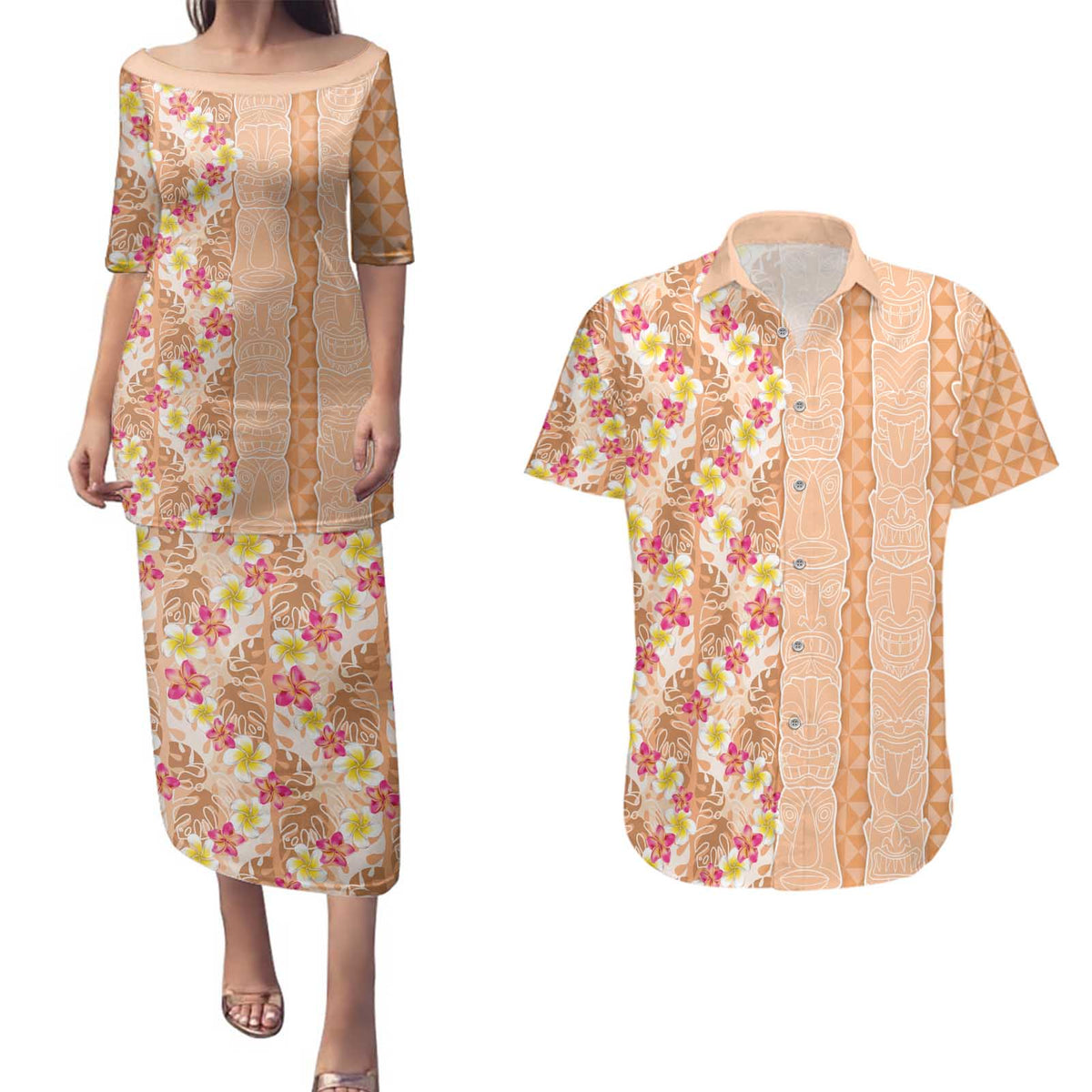 Orange Chiffon Aloha Hawaii Tiki Couples Matching Puletasi and Hawaiian Shirt Tropical Plumeria - Seamless Style LT14 Orange - Polynesian Pride
