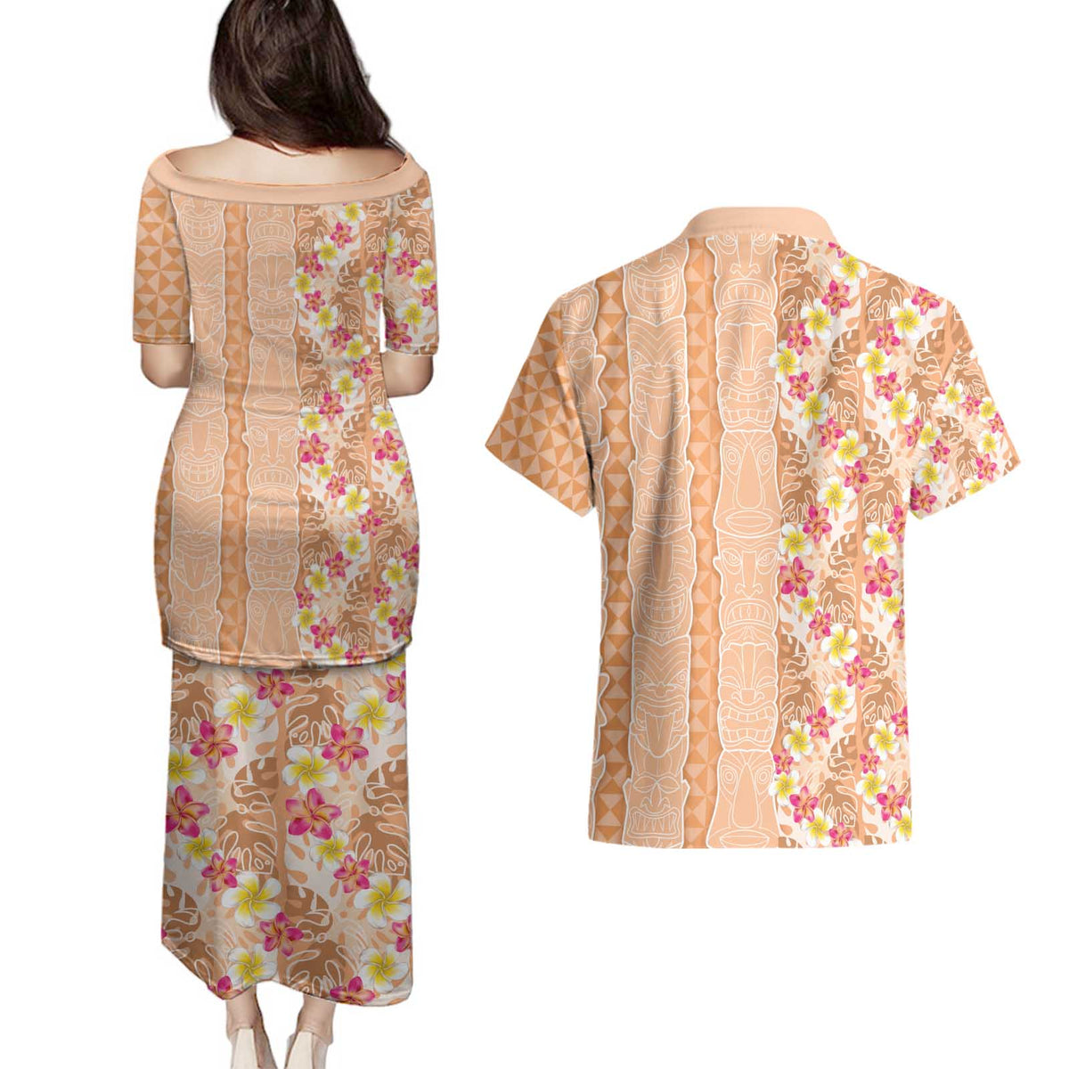 Orange Chiffon Aloha Hawaii Tiki Couples Matching Puletasi and Hawaiian Shirt Tropical Plumeria - Seamless Style LT14 - Polynesian Pride