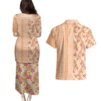 Orange Chiffon Aloha Hawaii Tiki Couples Matching Puletasi and Hawaiian Shirt Tropical Plumeria - Seamless Style LT14 - Polynesian Pride