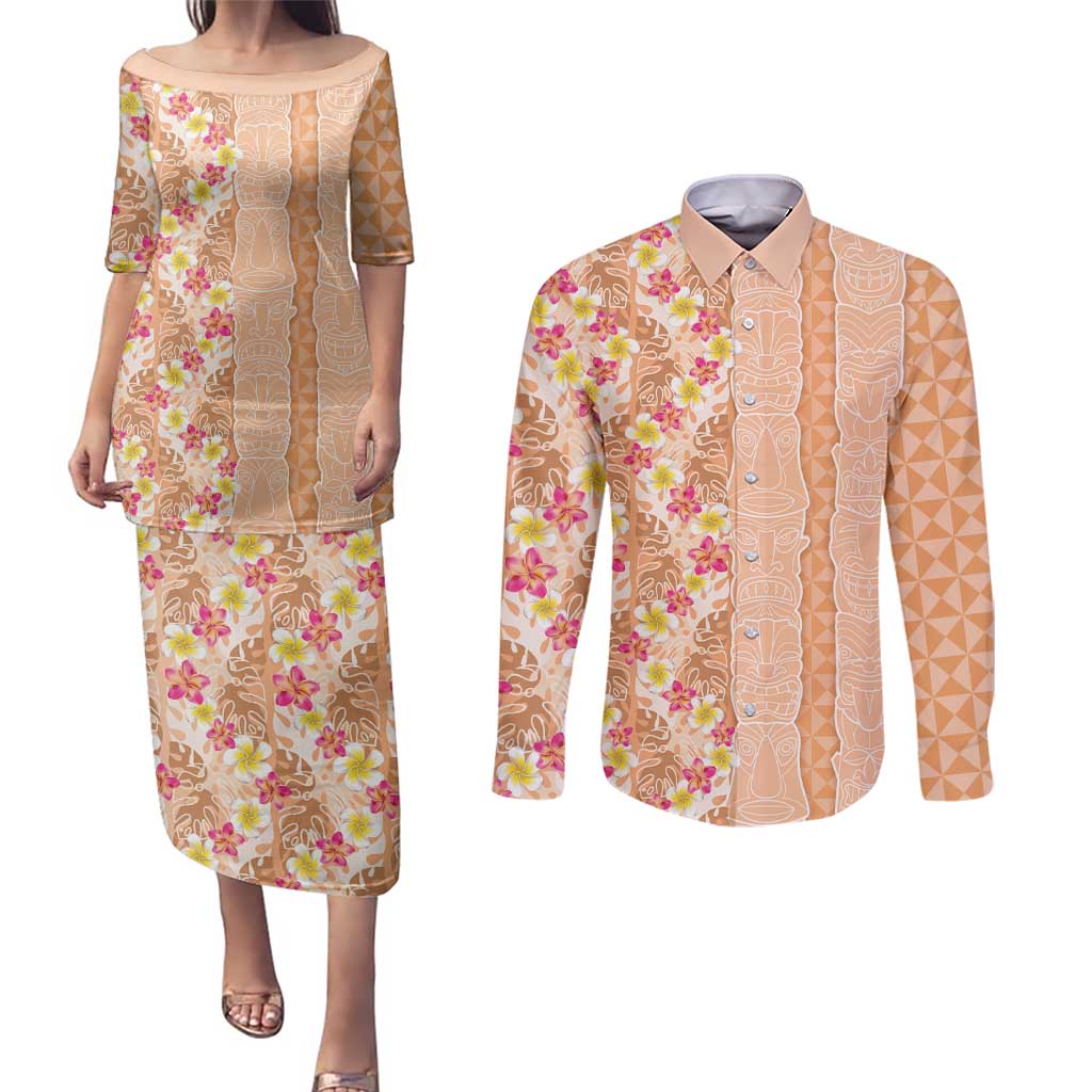 Orange Chiffon Aloha Hawaii Tiki Couples Matching Puletasi and Long Sleeve Button Shirt Tropical Plumeria - Seamless Style LT14 Orange - Polynesian Pride