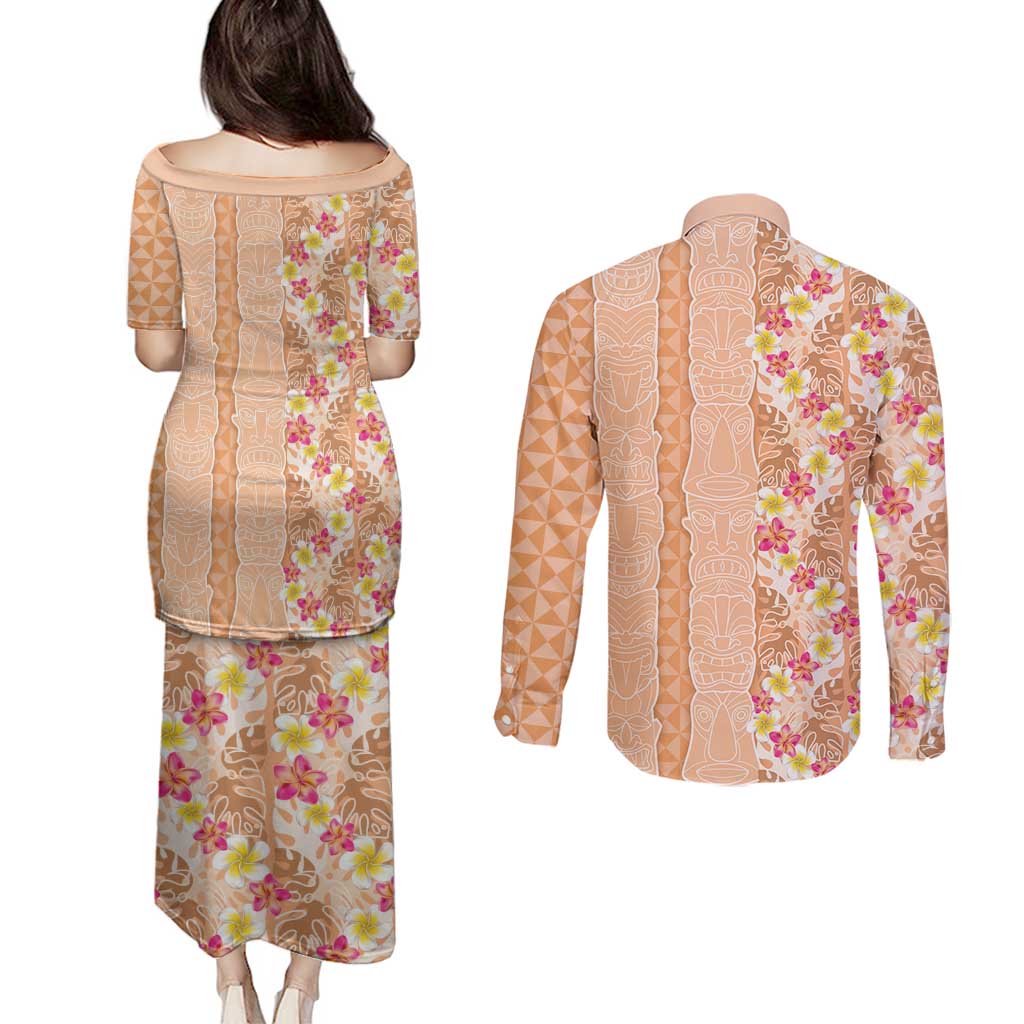 Orange Chiffon Aloha Hawaii Tiki Couples Matching Puletasi and Long Sleeve Button Shirt Tropical Plumeria - Seamless Style LT14 - Polynesian Pride