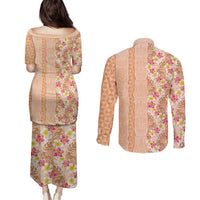 Orange Chiffon Aloha Hawaii Tiki Couples Matching Puletasi and Long Sleeve Button Shirt Tropical Plumeria - Seamless Style LT14 - Polynesian Pride