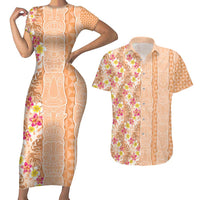 Orange Chiffon Aloha Hawaii Tiki Couples Matching Short Sleeve Bodycon Dress and Hawaiian Shirt Tropical Plumeria - Seamless Style LT14 Orange - Polynesian Pride