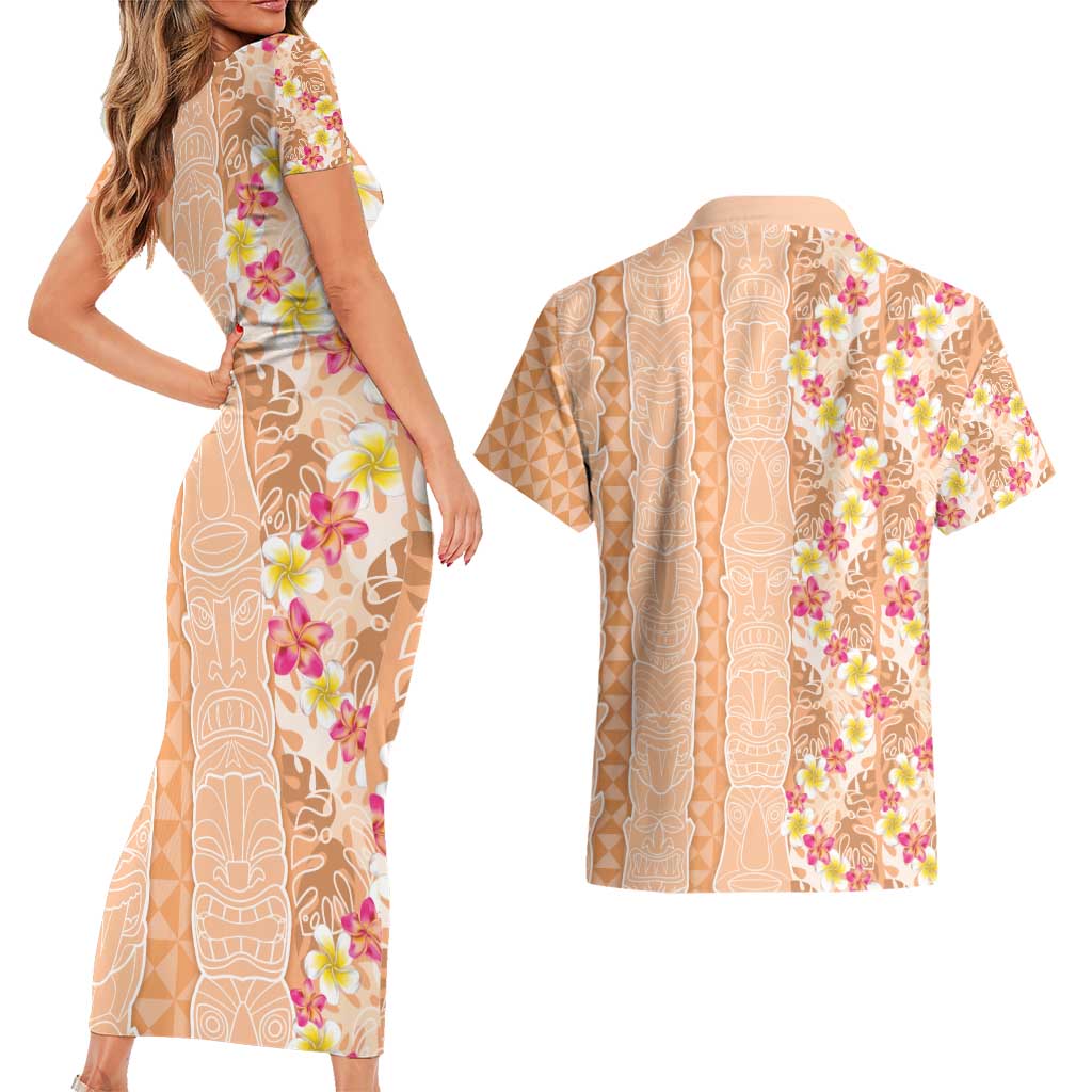 Orange Chiffon Aloha Hawaii Tiki Couples Matching Short Sleeve Bodycon Dress and Hawaiian Shirt Tropical Plumeria - Seamless Style LT14 - Polynesian Pride