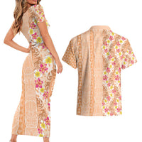 Orange Chiffon Aloha Hawaii Tiki Couples Matching Short Sleeve Bodycon Dress and Hawaiian Shirt Tropical Plumeria - Seamless Style LT14 - Polynesian Pride