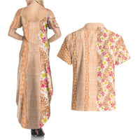 Orange Chiffon Aloha Hawaii Tiki Couples Matching Summer Maxi Dress and Hawaiian Shirt Tropical Plumeria - Seamless Style