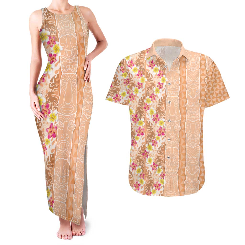 Orange Chiffon Aloha Hawaii Tiki Couples Matching Tank Maxi Dress and Hawaiian Shirt Tropical Plumeria - Seamless Style