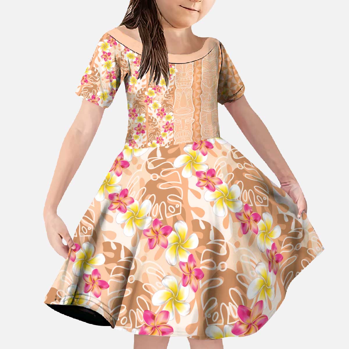 Orange Chiffon Aloha Hawaii Tiki Family Matching Off The Shoulder Long Sleeve Dress and Hawaiian Shirt Tropical Plumeria - Seamless Style LT14 Daughter's Dress Orange - Polynesian Pride
