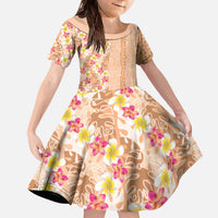 Orange Chiffon Aloha Hawaii Tiki Family Matching Off The Shoulder Long Sleeve Dress and Hawaiian Shirt Tropical Plumeria - Seamless Style LT14 Daughter's Dress Orange - Polynesian Pride