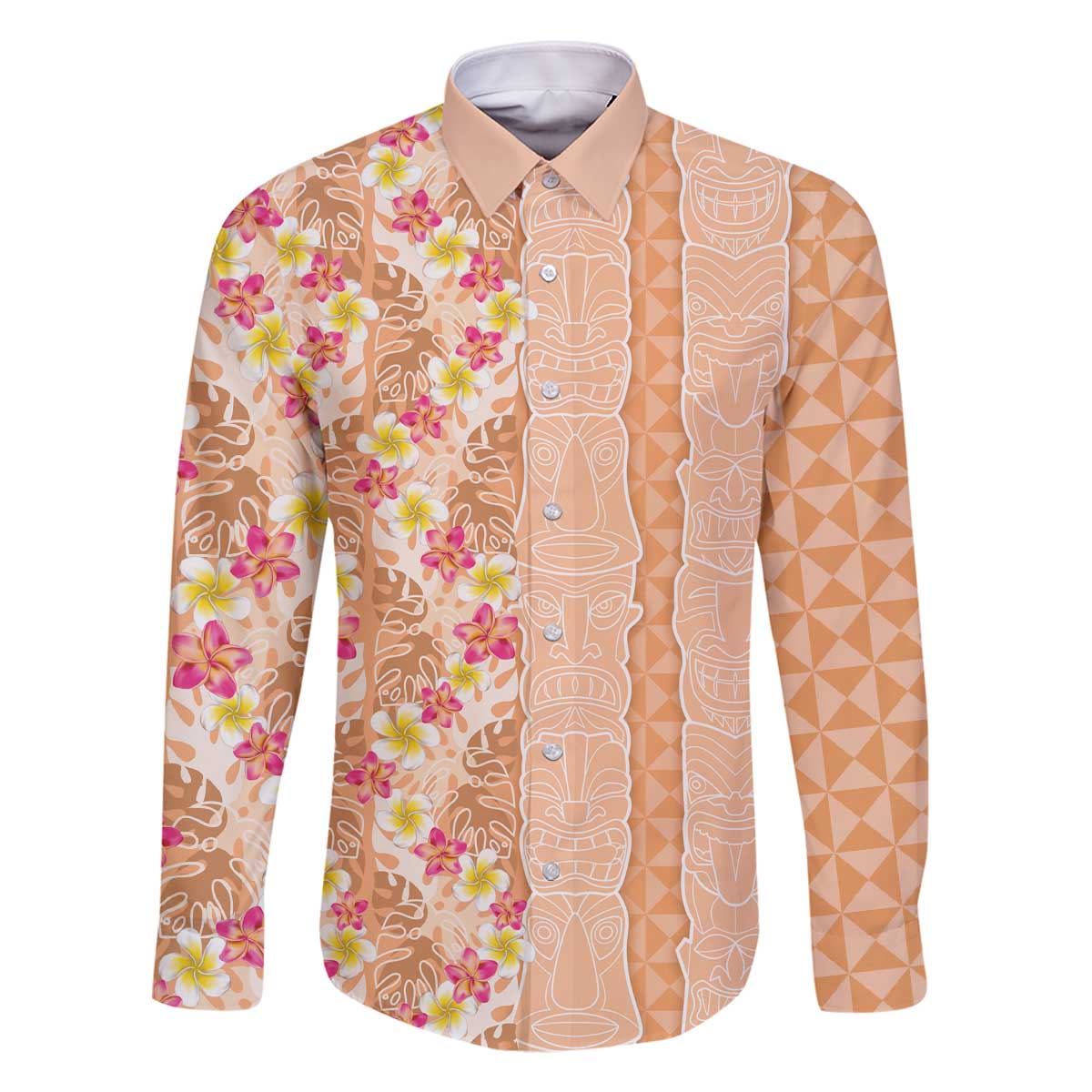 Orange Chiffon Aloha Hawaii Tiki Family Matching Off The Shoulder Long Sleeve Dress and Hawaiian Shirt Tropical Plumeria - Seamless Style LT14 Dad's Shirt - Long Sleeve Orange - Polynesian Pride