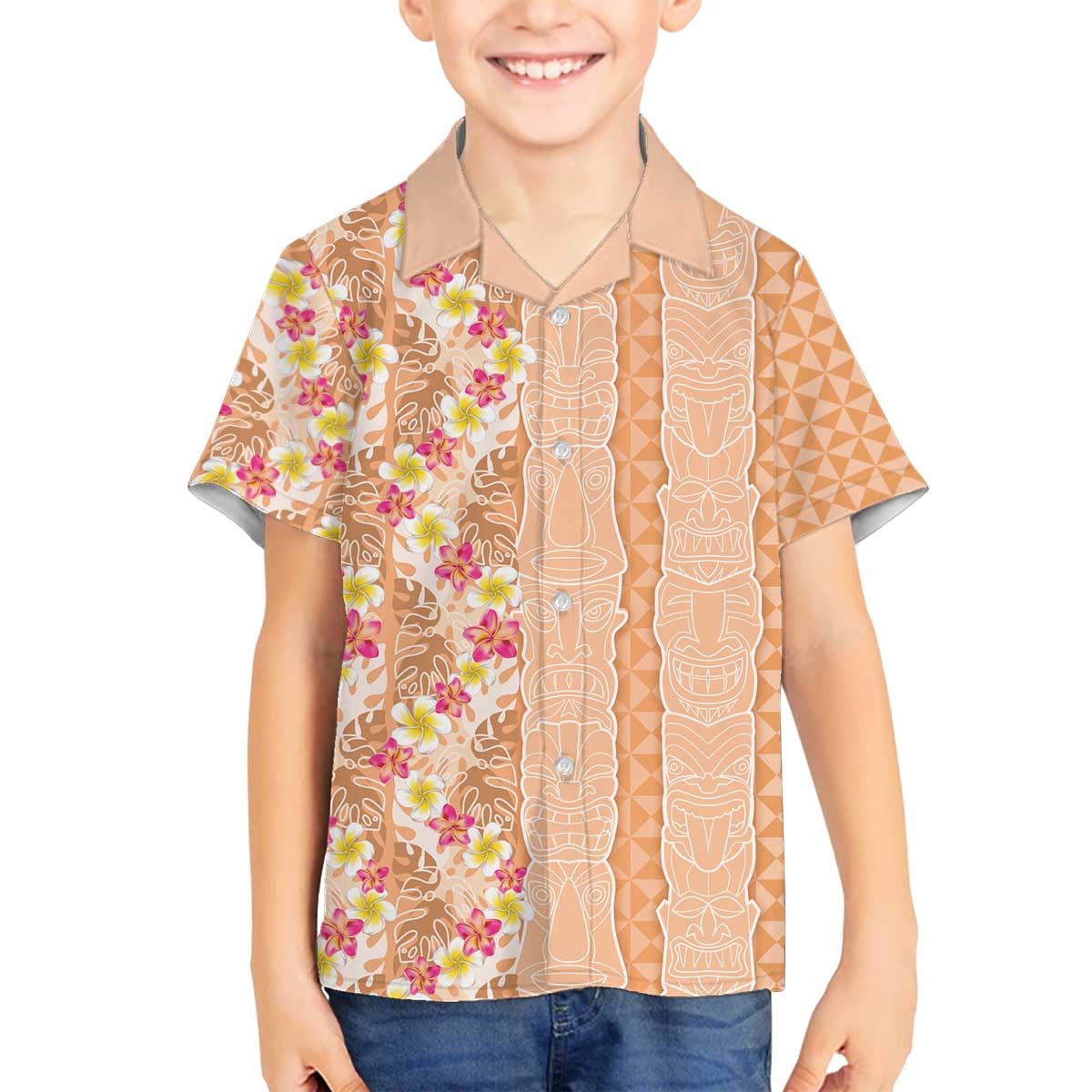 Orange Chiffon Aloha Hawaii Tiki Family Matching Off The Shoulder Long Sleeve Dress and Hawaiian Shirt Tropical Plumeria - Seamless Style LT14 Son's Shirt Orange - Polynesian Pride