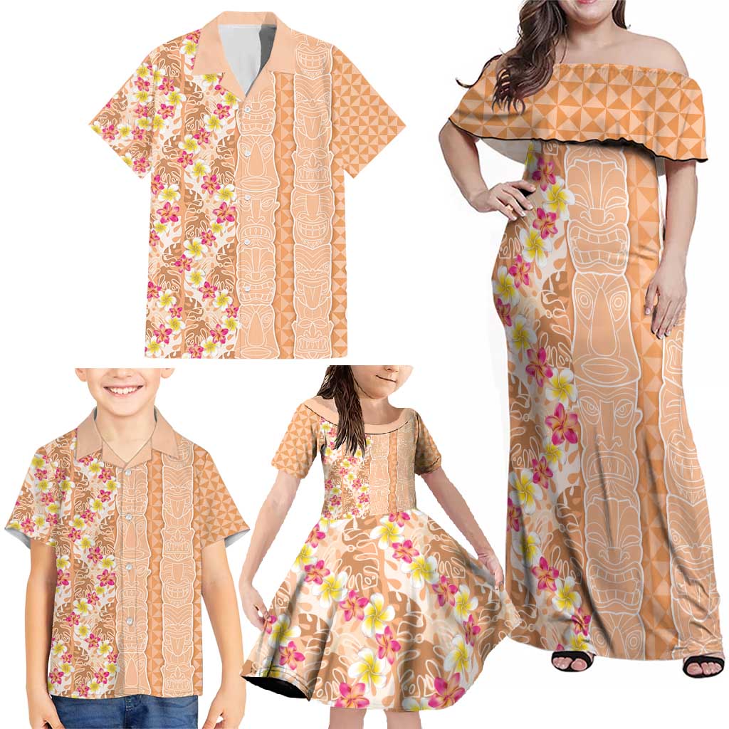 Orange Chiffon Aloha Hawaii Tiki Family Matching Off Shoulder Maxi Dress and Hawaiian Shirt Tropical Plumeria - Seamless Style LT14 - Polynesian Pride