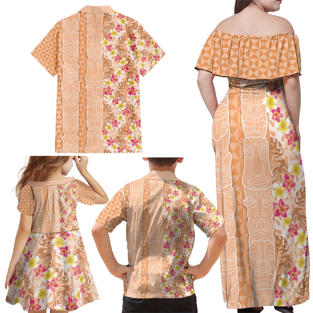 Orange Chiffon Aloha Hawaii Tiki Family Matching Off Shoulder Maxi Dress and Hawaiian Shirt Tropical Plumeria - Seamless Style LT14 - Polynesian Pride