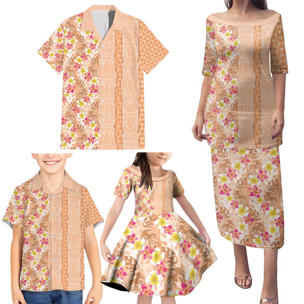 Orange Chiffon Aloha Hawaii Tiki Family Matching Puletasi and Hawaiian Shirt Tropical Plumeria - Seamless Style LT14 - Polynesian Pride