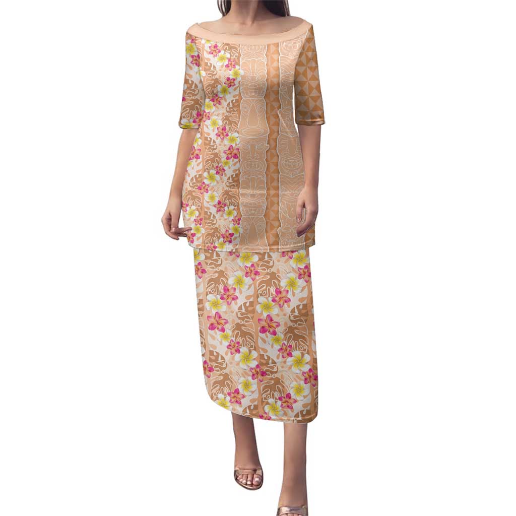 Orange Chiffon Aloha Hawaii Tiki Family Matching Puletasi and Hawaiian Shirt Tropical Plumeria - Seamless Style LT14 Mom's Dress Orange - Polynesian Pride