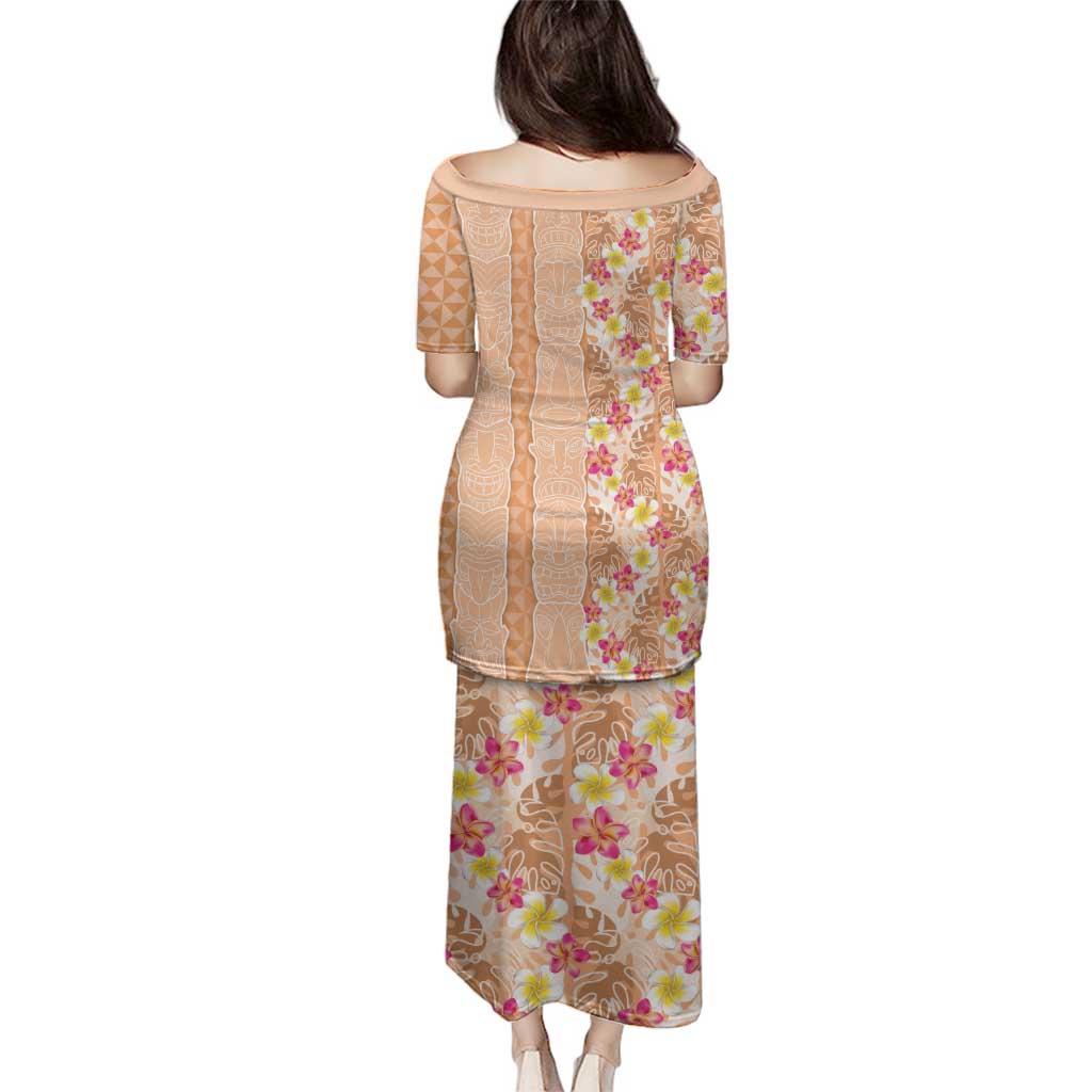 Orange Chiffon Aloha Hawaii Tiki Family Matching Puletasi and Hawaiian Shirt Tropical Plumeria - Seamless Style LT14 - Polynesian Pride
