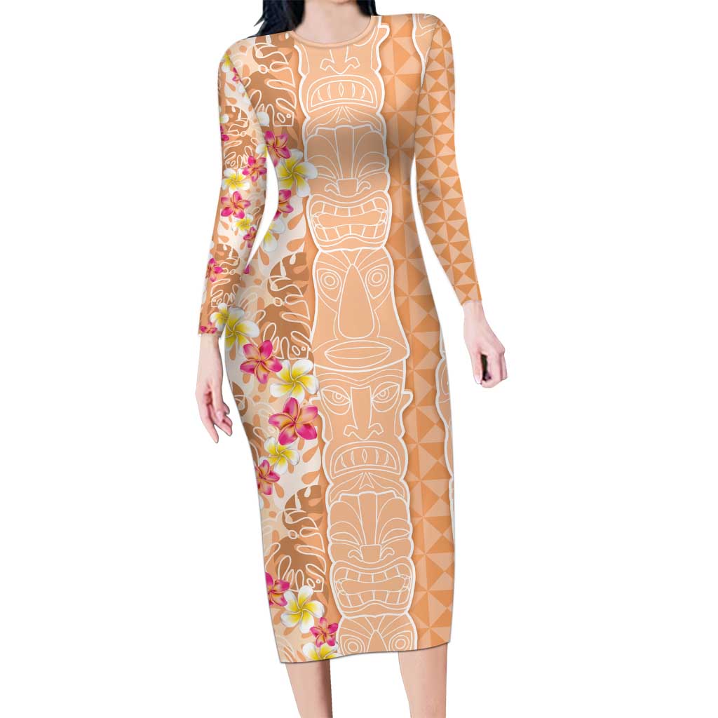 Orange Chiffon Aloha Hawaii Tiki Long Sleeve Bodycon Dress Tropical Plumeria - Seamless Style LT14 Long Dress Orange - Polynesian Pride