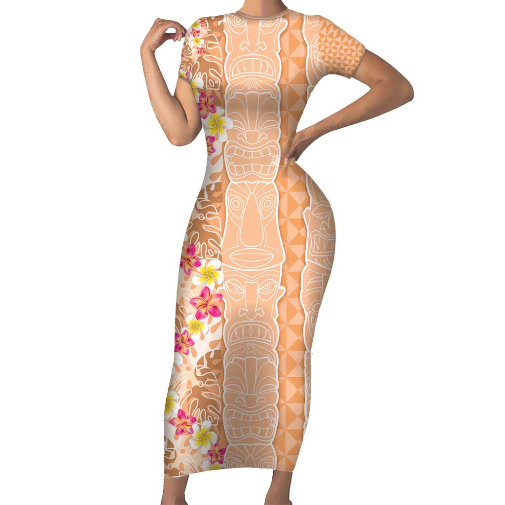 Orange Chiffon Aloha Hawaii Tiki Short Sleeve Bodycon Dress Tropical Plumeria - Seamless Style LT14 Long Dress Orange - Polynesian Pride