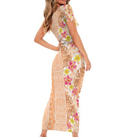 Orange Chiffon Aloha Hawaii Tiki Short Sleeve Bodycon Dress Tropical Plumeria - Seamless Style LT14 - Polynesian Pride