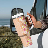 Orange Chiffon Aloha Hawaii Tiki Tumbler With Handle Tropical Plumeria - Seamless Style
