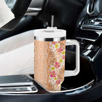Orange Chiffon Aloha Hawaii Tiki Tumbler With Handle Tropical Plumeria - Seamless Style