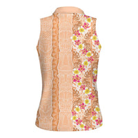 Orange Chiffon Aloha Hawaii Tiki Women Sleeveless Polo Shirt Tropical Plumeria - Seamless Style LT14 - Polynesian Pride