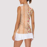 Orange Chiffon Aloha Hawaii Tiki Women Sleeveless Polo Shirt Tropical Plumeria - Seamless Style LT14 - Polynesian Pride