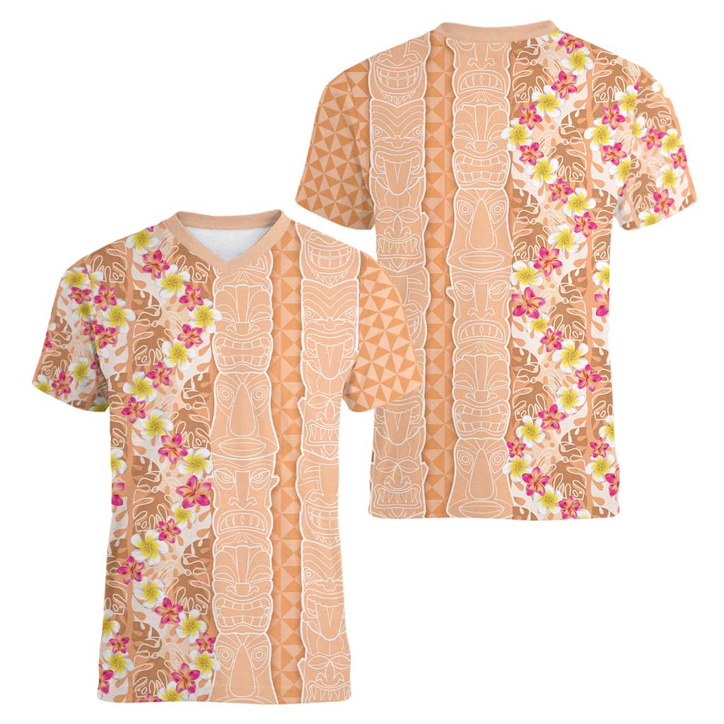 Orange Chiffon Aloha Hawaii Tiki Women V-Neck T-Shirt Tropical Plumeria - Seamless Style LT14 - Polynesian Pride
