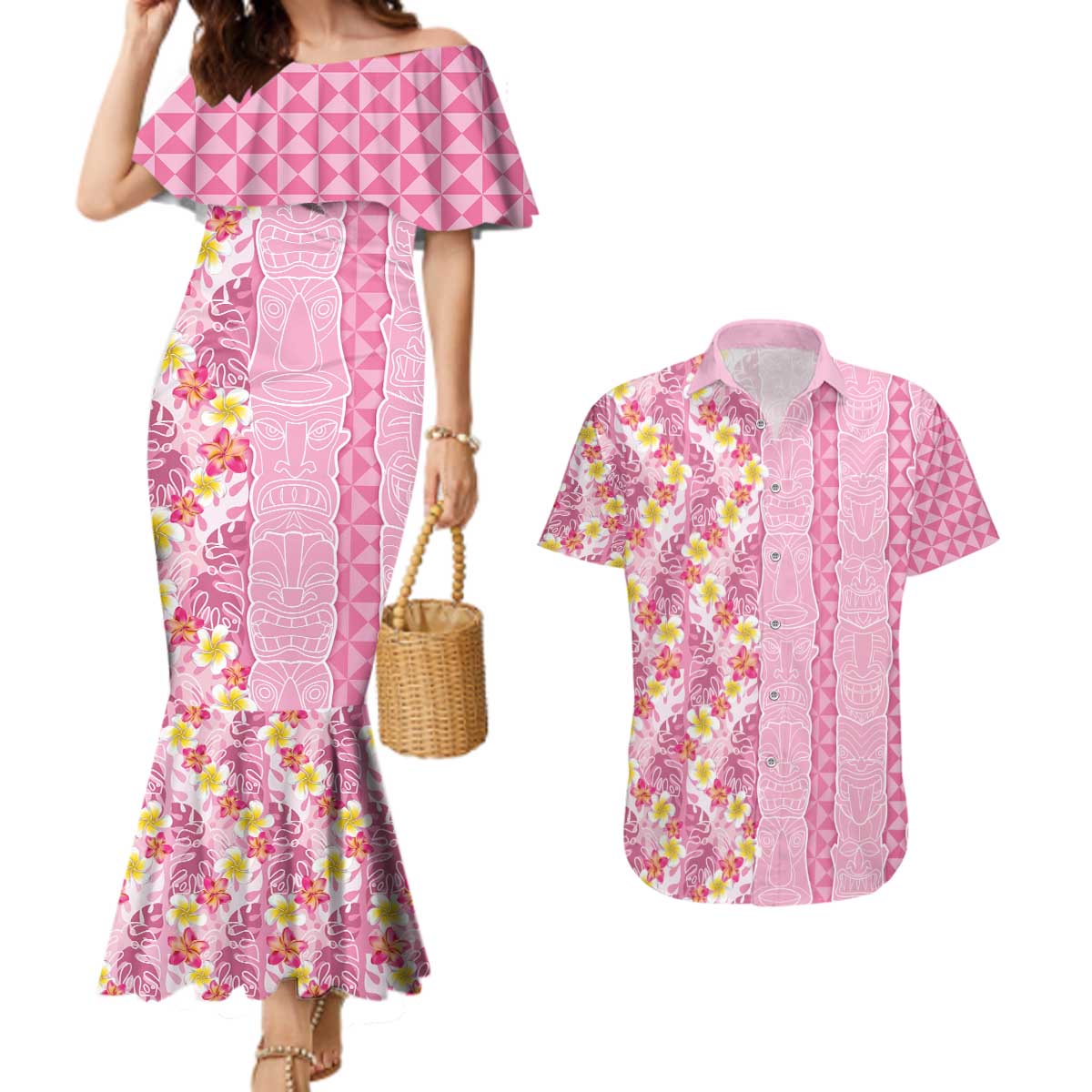Pastel Magenta Aloha Hawaii Tiki Couples Matching Mermaid Dress and Hawaiian Shirt Tropical Plumeria - Seamless Style LT14 Magenta - Polynesian Pride