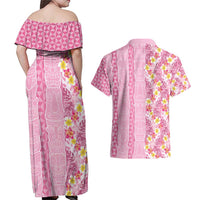 Pastel Magenta Aloha Hawaii Tiki Couples Matching Off Shoulder Maxi Dress and Hawaiian Shirt Tropical Plumeria - Seamless Style LT14 - Polynesian Pride