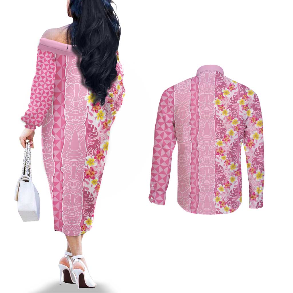 Pastel Magenta Aloha Hawaii Tiki Couples Matching Off The Shoulder Long Sleeve Dress and Long Sleeve Button Shirt Tropical Plumeria - Seamless Style