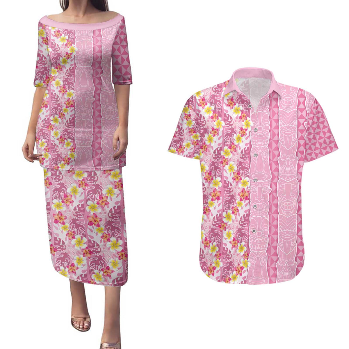 Pastel Magenta Aloha Hawaii Tiki Couples Matching Puletasi and Hawaiian Shirt Tropical Plumeria - Seamless Style LT14 Magenta - Polynesian Pride