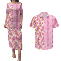 Pastel Magenta Aloha Hawaii Tiki Couples Matching Puletasi and Hawaiian Shirt Tropical Plumeria - Seamless Style LT14 Magenta - Polynesian Pride