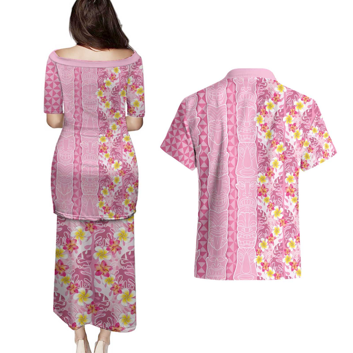 Pastel Magenta Aloha Hawaii Tiki Couples Matching Puletasi and Hawaiian Shirt Tropical Plumeria - Seamless Style LT14 - Polynesian Pride
