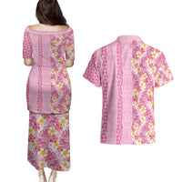 Pastel Magenta Aloha Hawaii Tiki Couples Matching Puletasi and Hawaiian Shirt Tropical Plumeria - Seamless Style LT14 - Polynesian Pride
