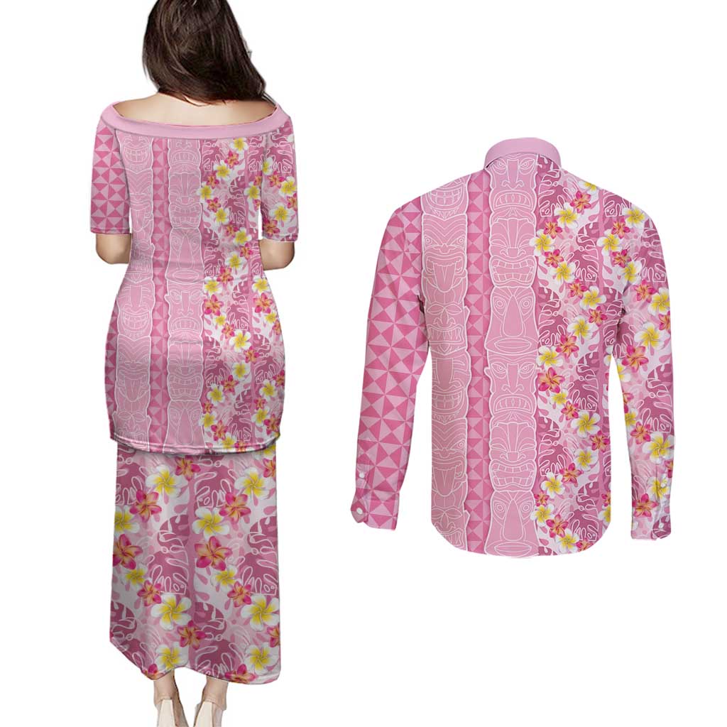 Pastel Magenta Aloha Hawaii Tiki Couples Matching Puletasi and Long Sleeve Button Shirt Tropical Plumeria - Seamless Style LT14 - Polynesian Pride